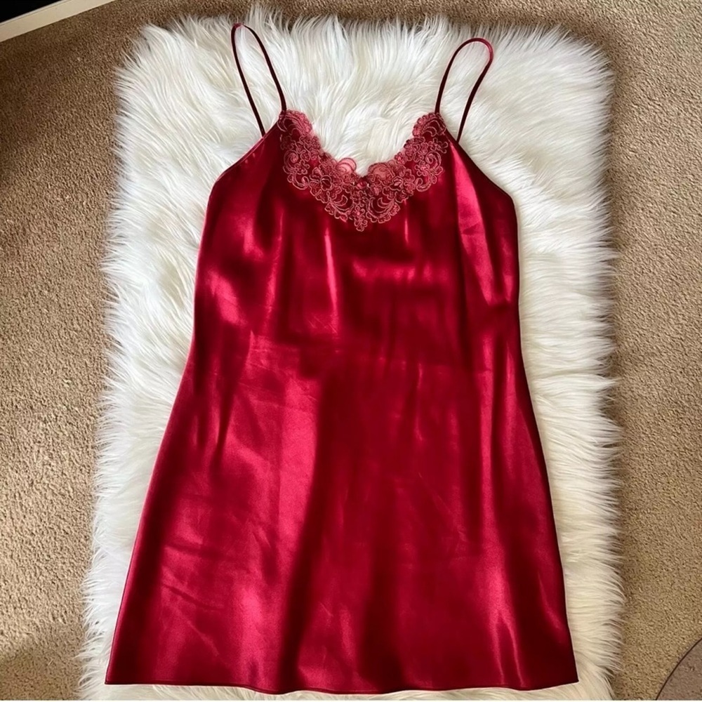 Vintage Kathy Ireland Babydoll Satin Slip Dress Medium Red